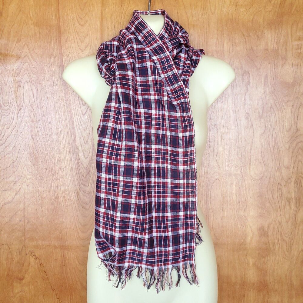 NEW Vintage Levis Plaid Scarf Red White Blue Lightweight 100% Cotton Fringe